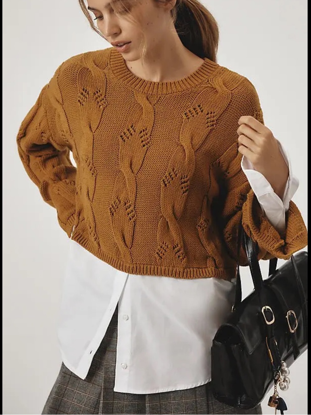 Anthropologie Pilcro brown cable knit twofer layered sweater women's M